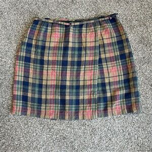 Vintage Ralph Lauren Tan/Blue/Pink Plaid Linen Wrap Belted Mini Skirt, Size 8